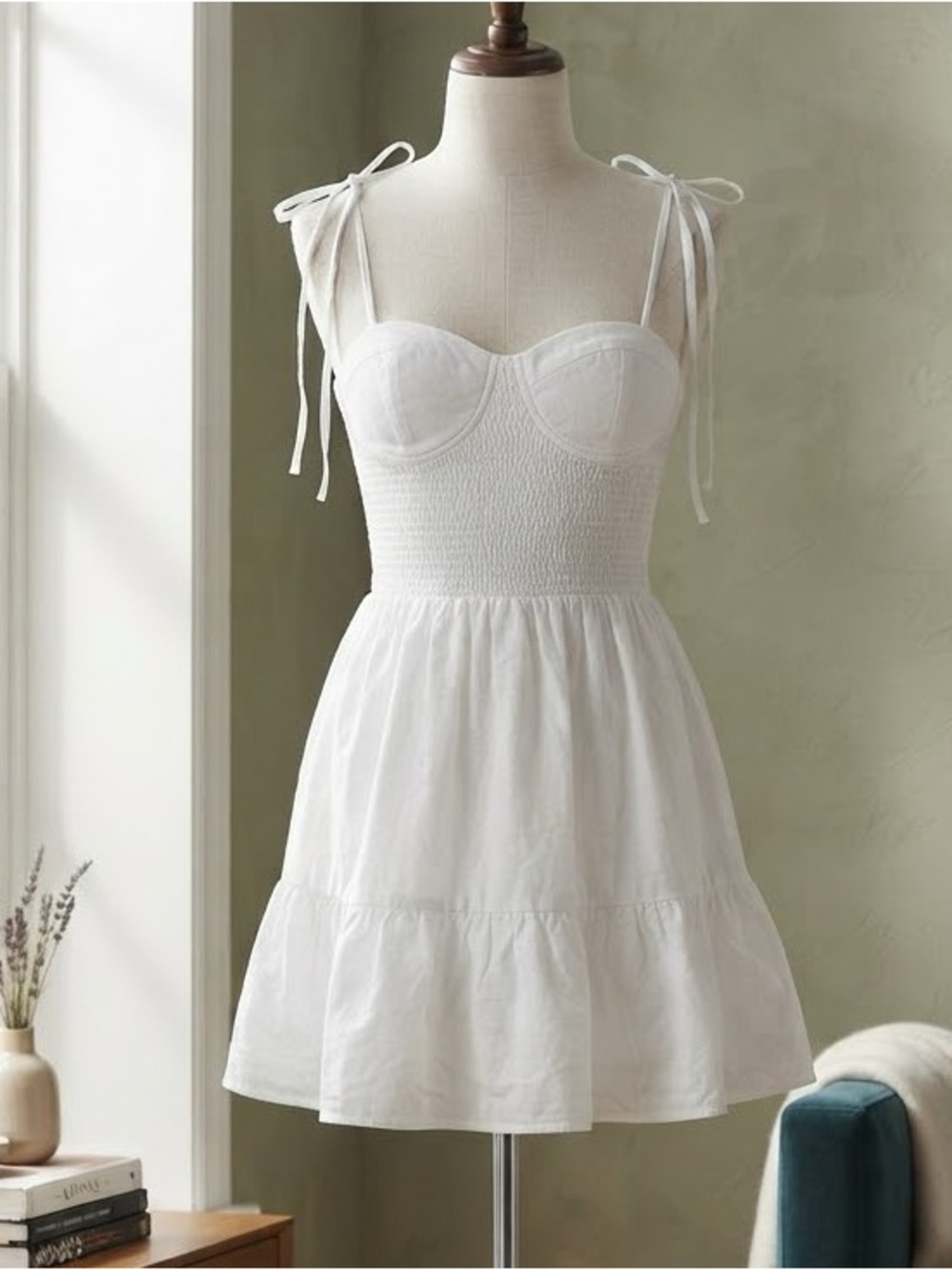 AUREUM White Smocked Sundress with Tie Straps